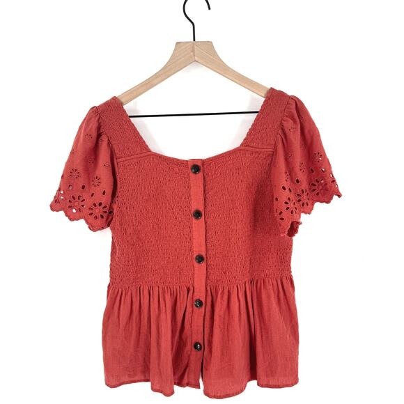 Madewell Rust Eyelet-Sleeve Lucie Smocked Peplum Top Size Large - Picture 4 of 8